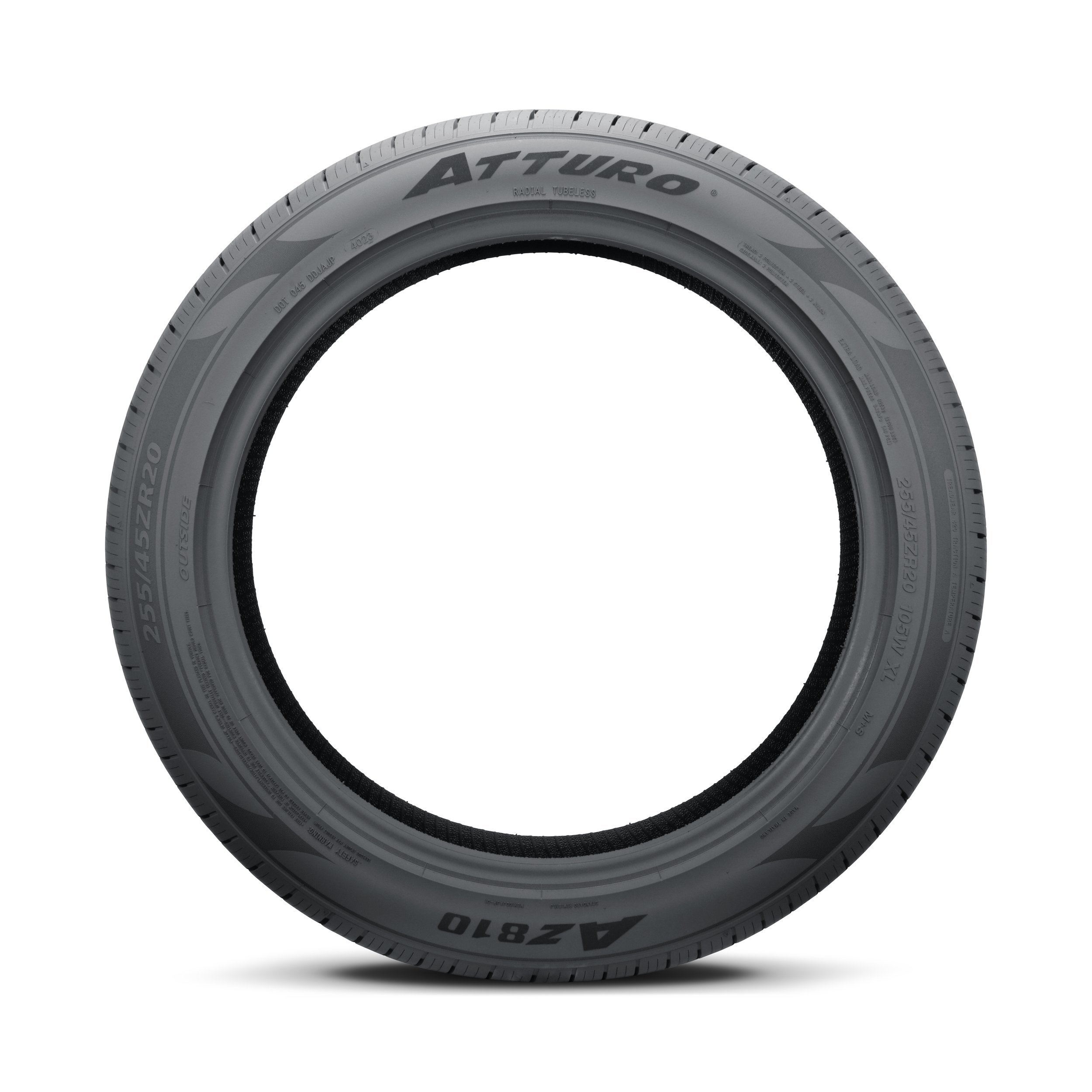 Atturo AZ810 all-weather tire 255/45R20, sidewall view on white with shadow
