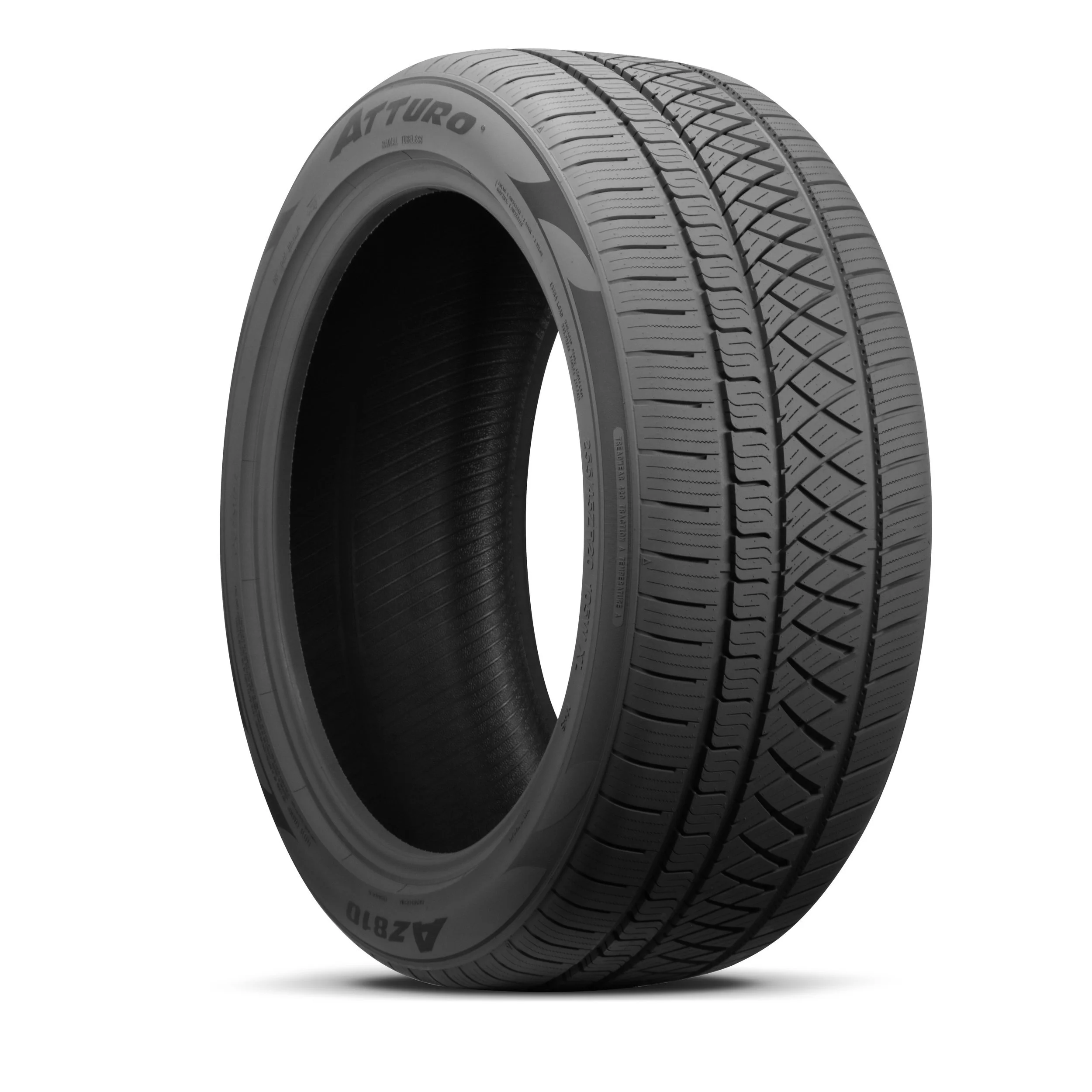 Atturo AZ810 tire, three-quarter view of asymmetric tread and sidewall