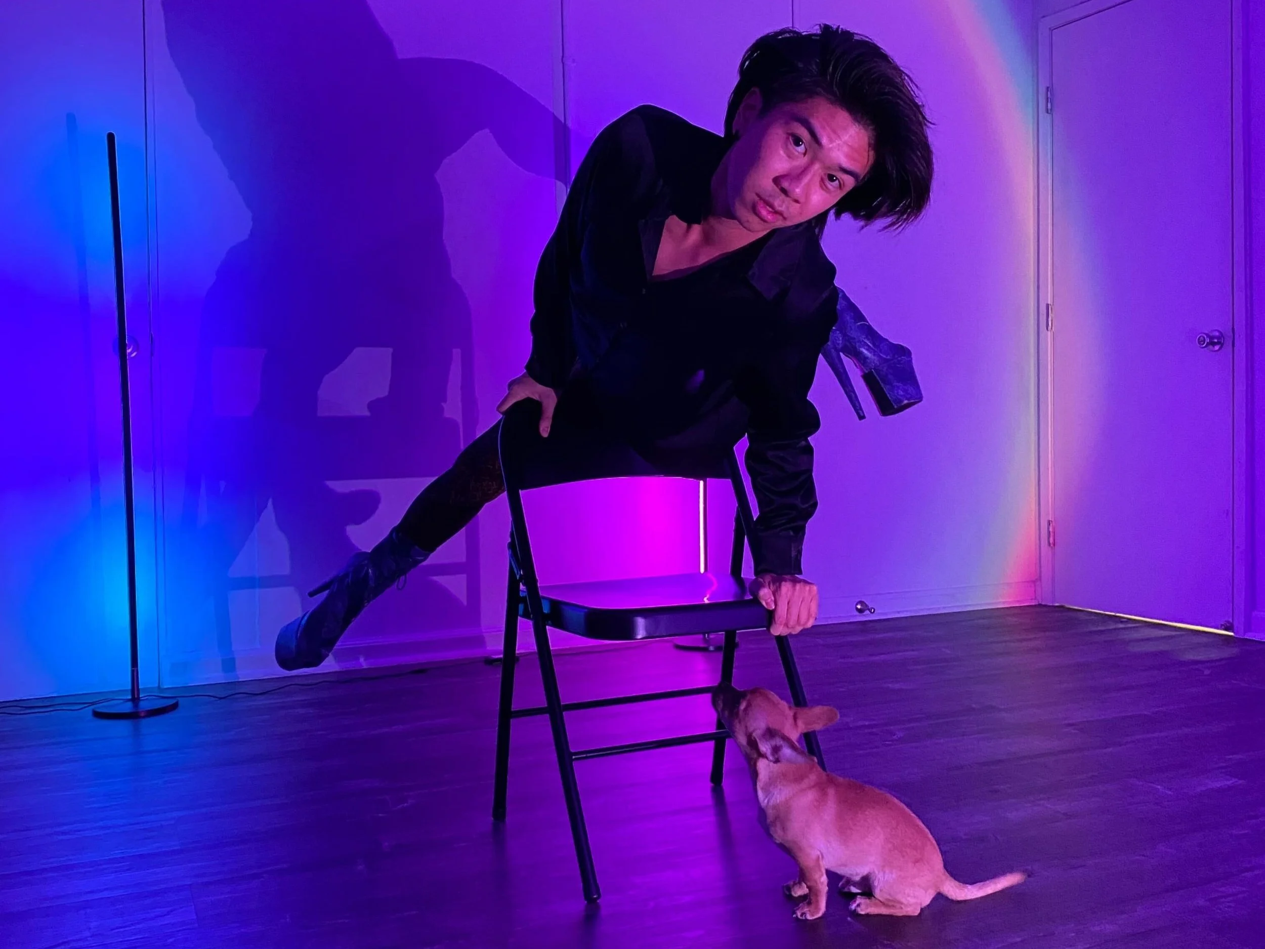 Chair instructor holding a pose on the back of the chair while his pet chihuahua looks at him adoringly.