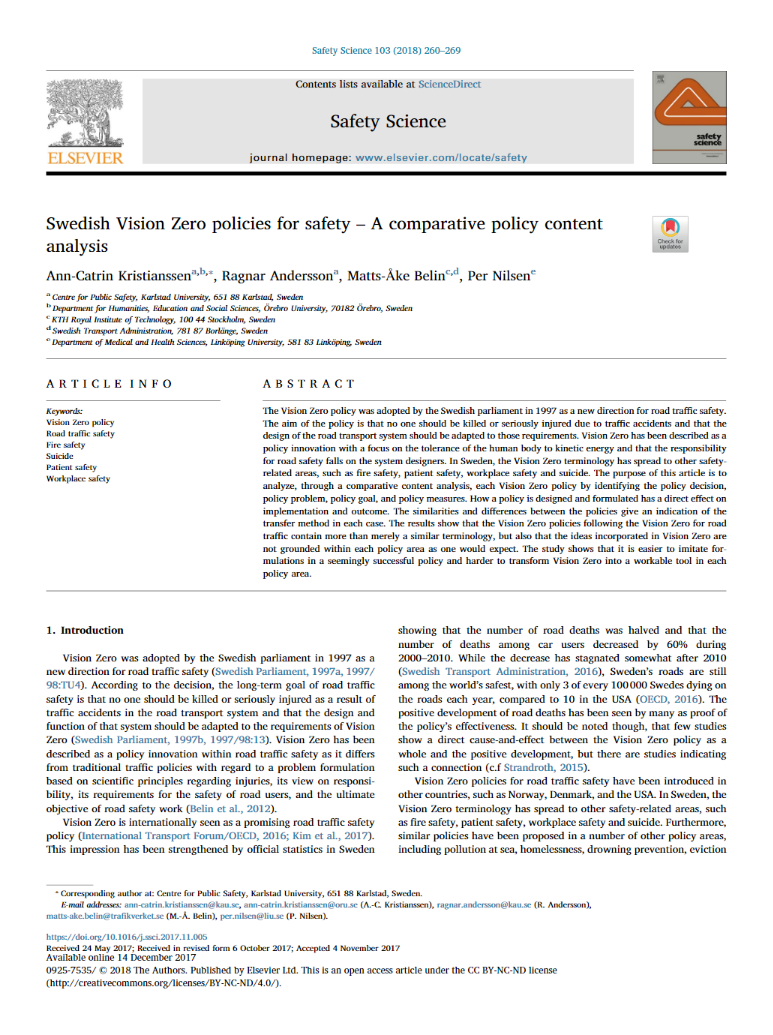 Swedish Vision Zero Policies for Safety - A Comparative Policy Context Analysis