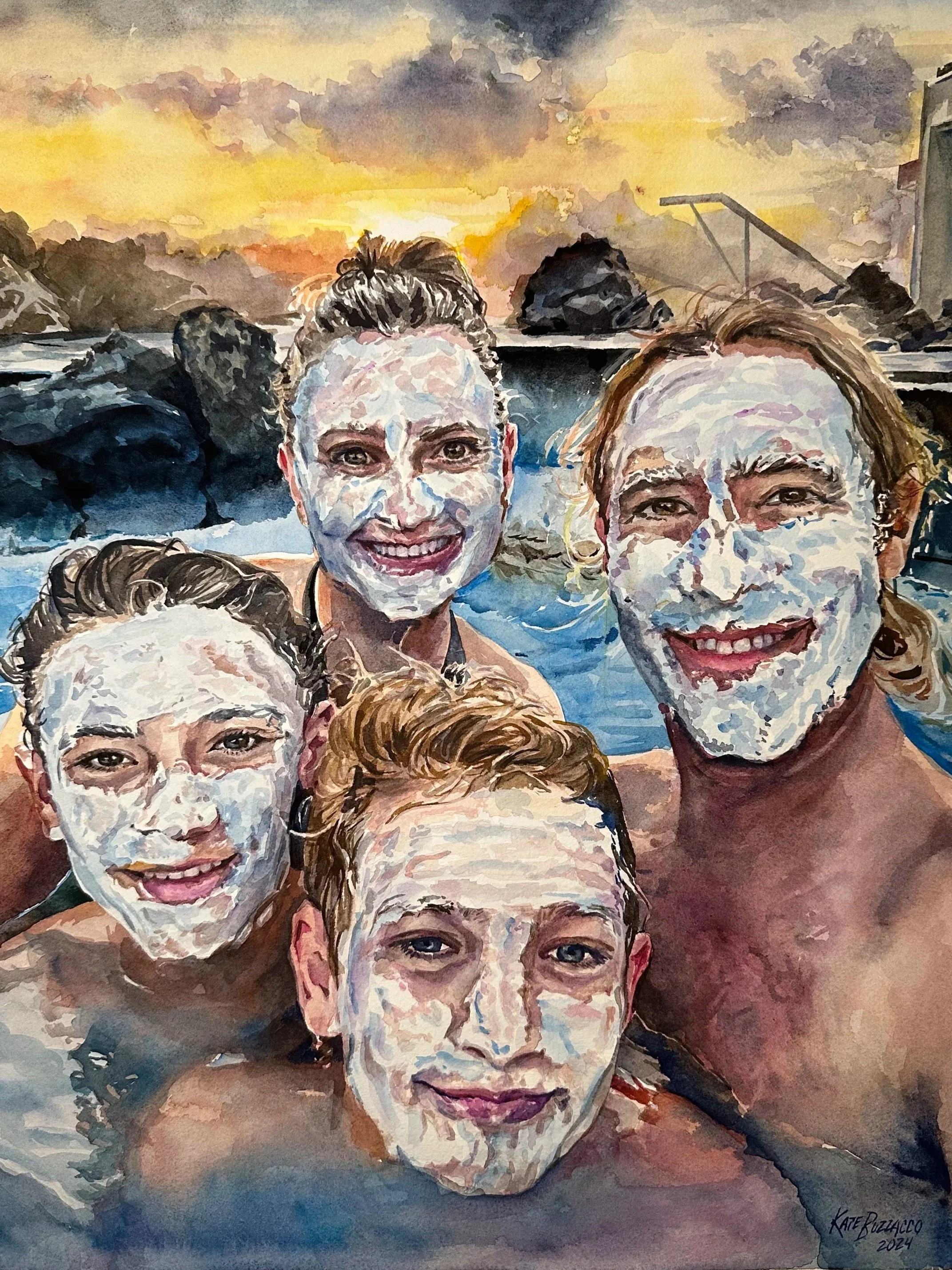 Honored to create this special piece—a joyful memory preserved in watercolor. This young family, sun-kissed and splashing at the Blue Lagoon, radiates warmth and love, a moment full of life captured forever. In loving memory, this portrait celebrates