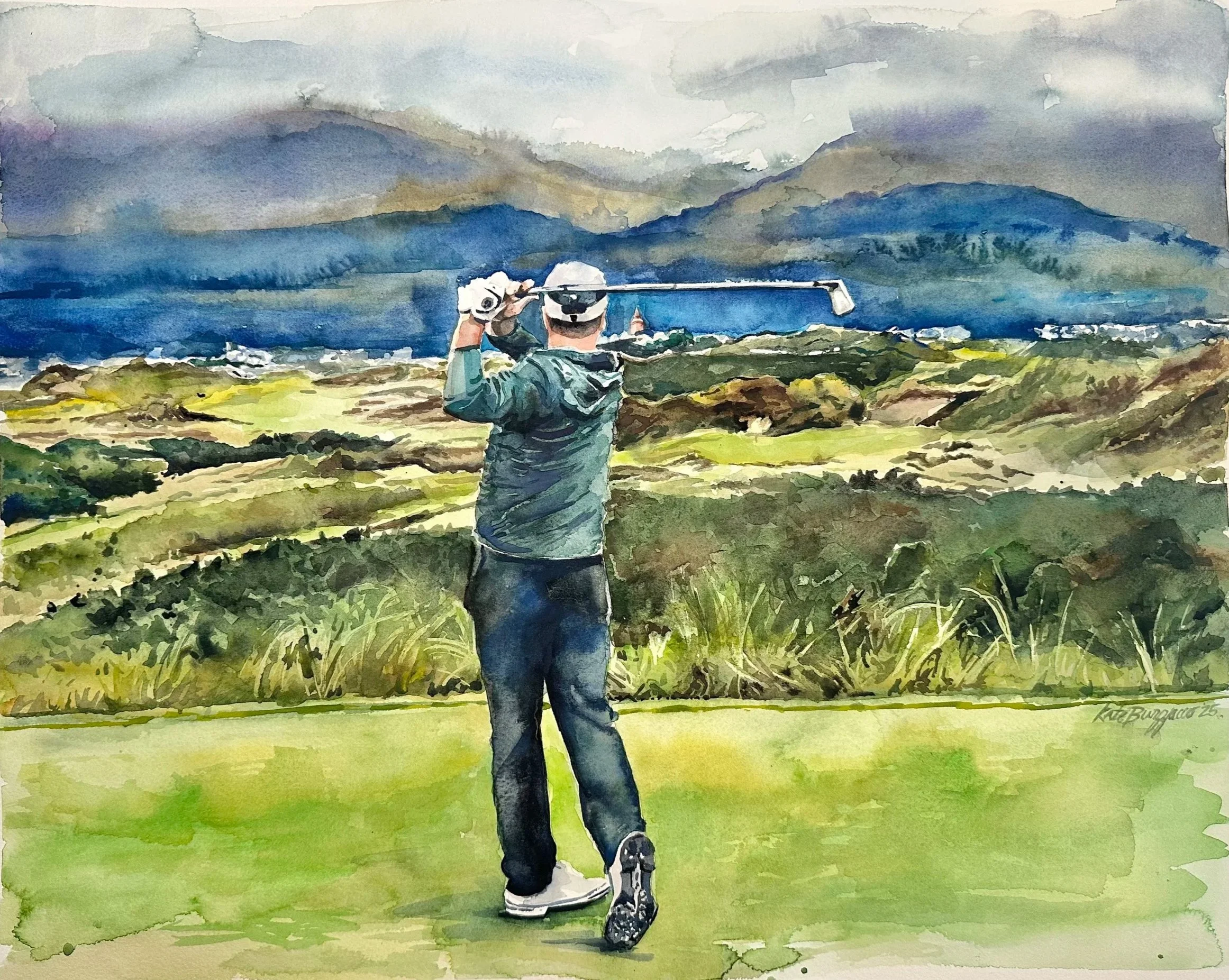 A timeless watercolor portrait capturing a man in his element — mid-backswing on a lush Irish fairway. The scene unfolds with rolling green hills and a charming, picturesque town nestled below, evoking the quiet majesty of Ireland’s countryside. Pain