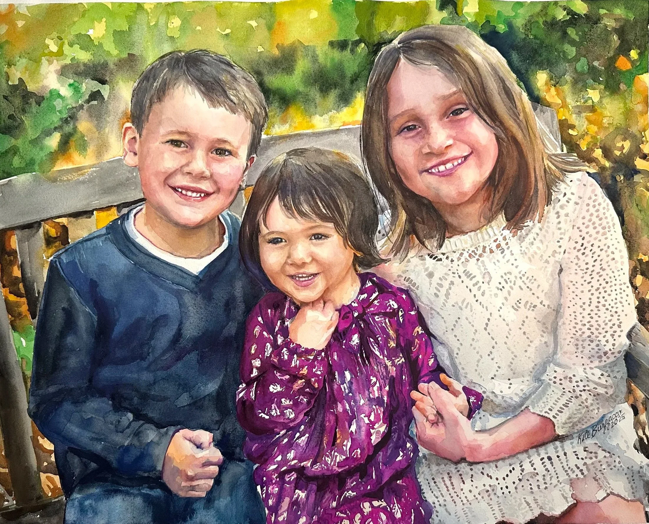 A tender watercolor portrait capturing three siblings in the heart of childhood — that fleeting time when they all still fit within one frame. Soft washes of color bring warmth and nostalgia to this intimate family moment, preserving the “before they