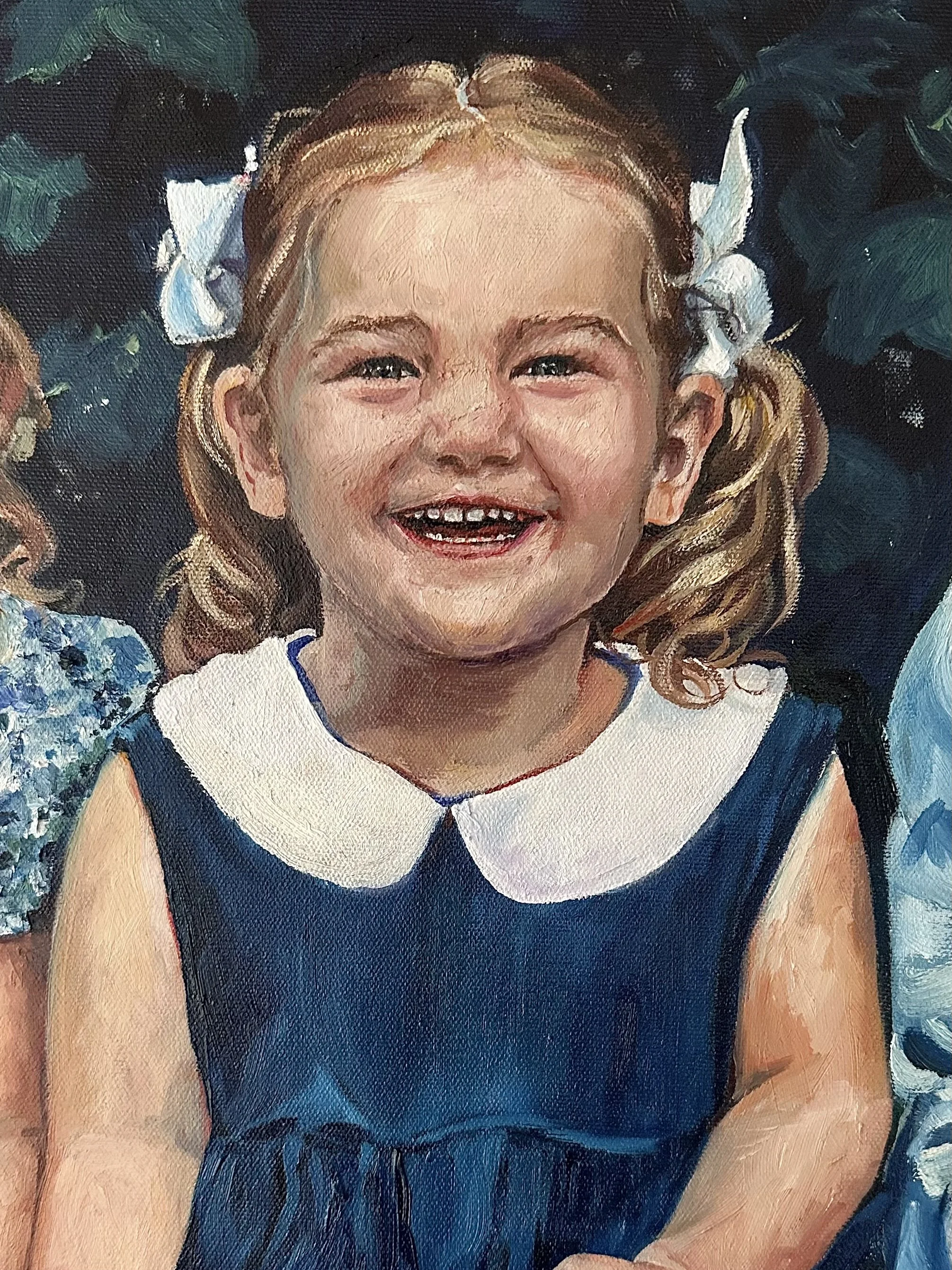 She starts a little rough…and then suddenly- there she is! This is the part of oil painting I love most: the moment her face shifts from brush strokes and shapes into an actual presence, sister two is officially revealed!