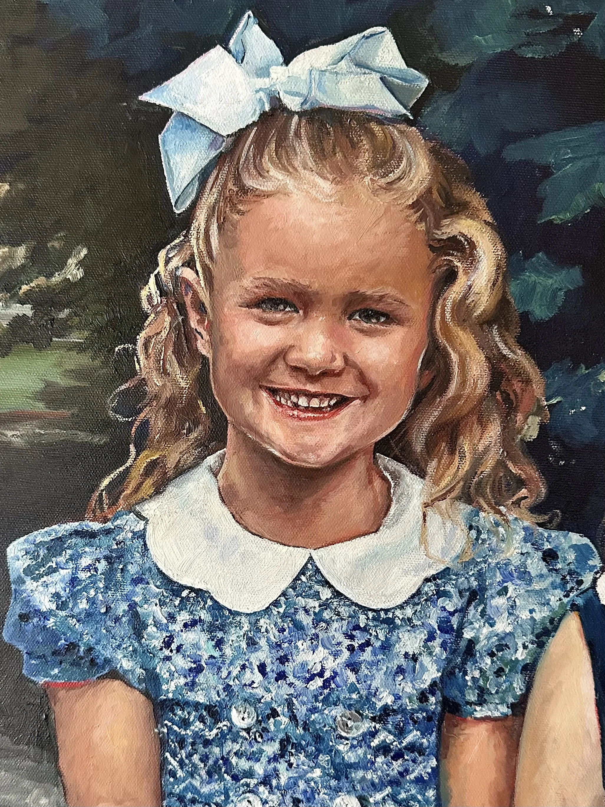 A daughter captured in oil - brushstroke by brushstroke. This is the first of three sisters in a family portrait being built over months - layered by layer. 