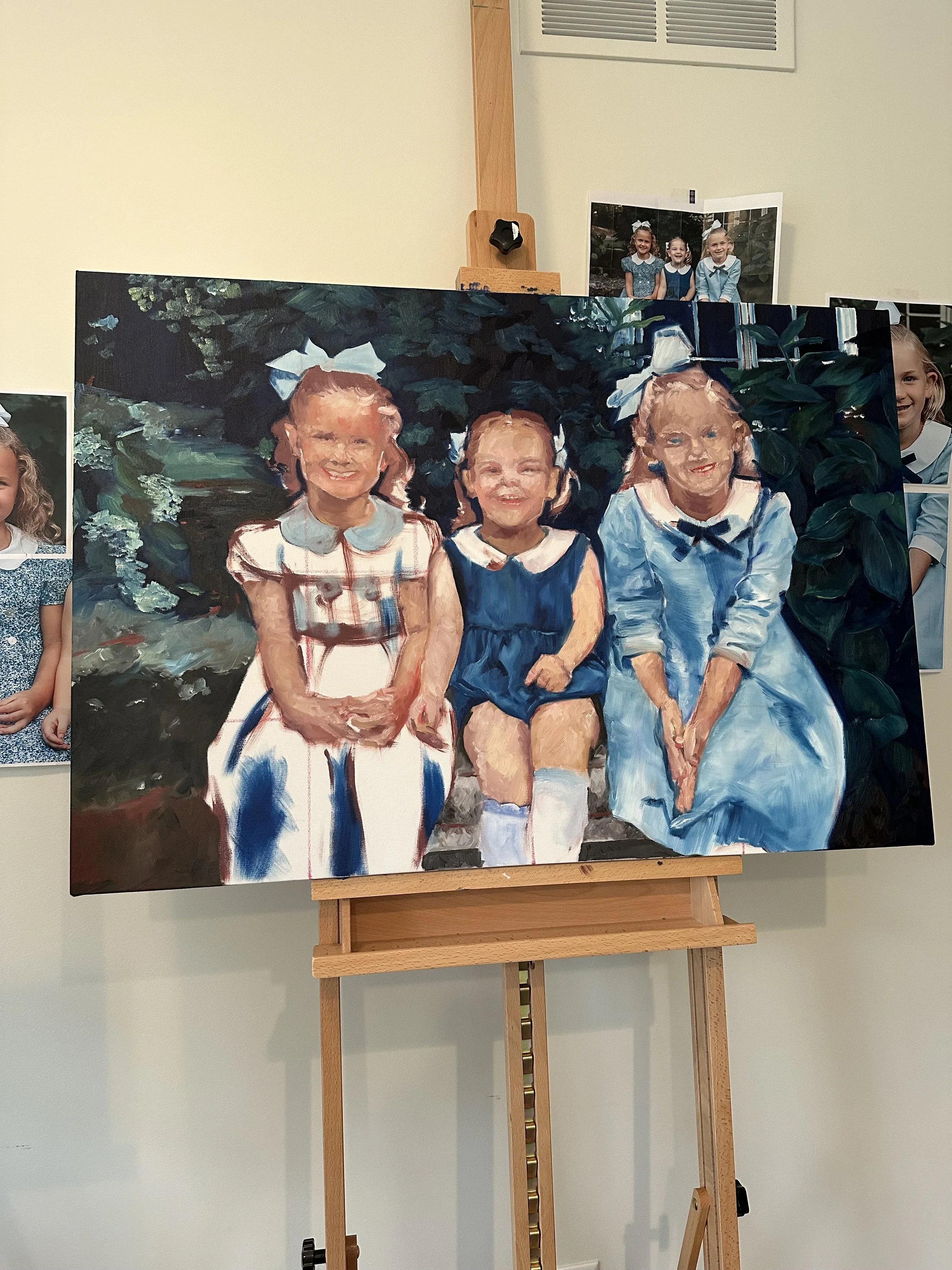The painting is starting to awaken — the girls’ energy, individuality, and playful presence begin to emerge, hinting at the vibrant, finished portrait to come