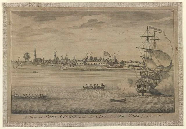 John Carwitham, “A View of Fort George with the City of New York from the SW” (1736). Library of Congress.