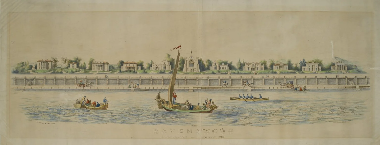 A 19th Century Currier and Ives print depicts mansions on the Long Island City waterfront.