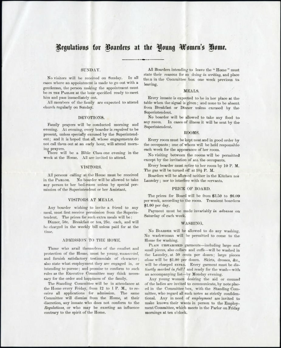 Admission Form and Regulations for an LCU Young Women's Home, c. 1870.