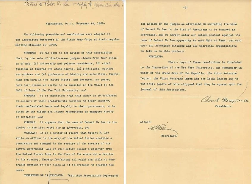 Copy of resolution from Associated Survivors of the Sixth Army Corps protesting Lee's election, November 16, 1900. Bronx Community College Archives.