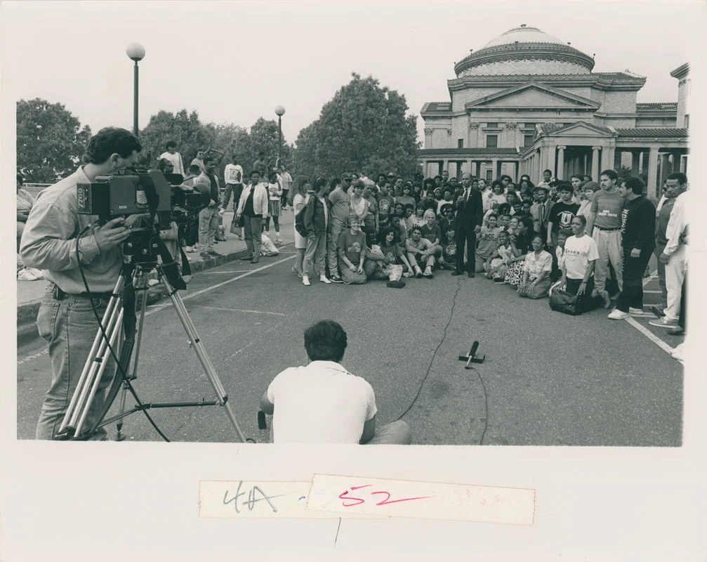 Dr. Roscoe Brown and Bronx Community College students in front of the Hall of Fame for an appearance on the "Good Morning America" TV show, 1985. Bronx Community College Archives.