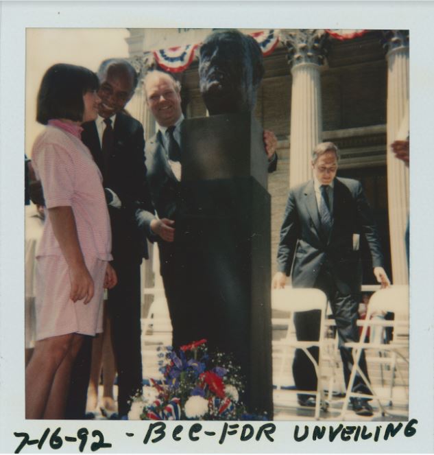 Dr. Roscoe Brown at Franklin D. Roosevelt bust unveiling, 1992. Bronx Community College Archives.