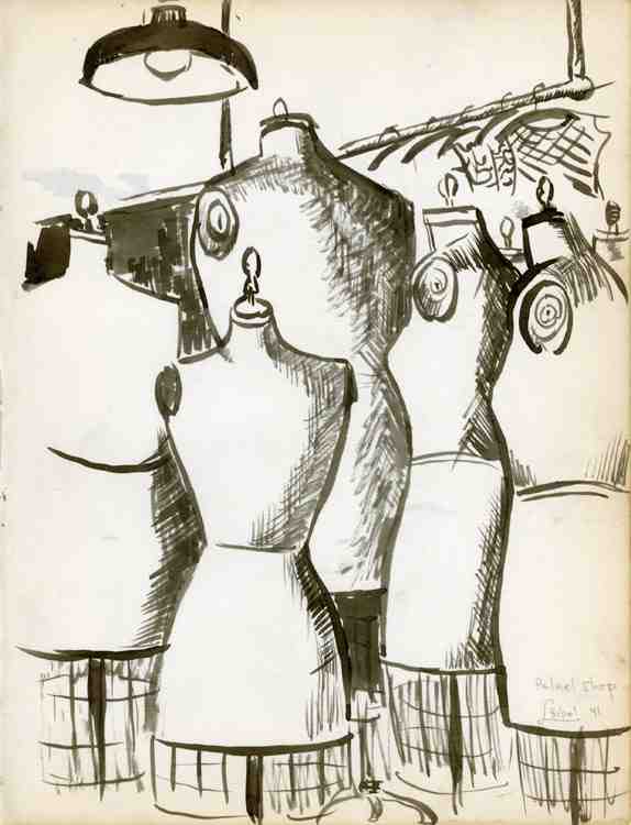 Palnel Shop; brush/ink drawing; 1941