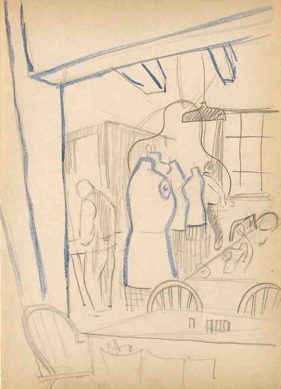 Dress Factory Study; pencil/watercolor; 1940