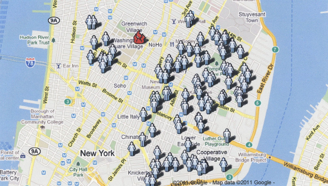  David von Drehle’s list of victims rendered as a map and used by Ruth Sergel in Chalk. Image courtesy streetpictures.org/chalk. 