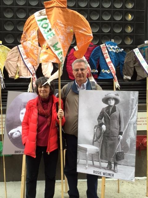  Suzanne Pred Bass and Don Weiner, with photo of their great aunt Rosie Weiner, at the 2016 annual Triangle Fire Commemoration. Photo courtesy Triangle Fire Coalition. 