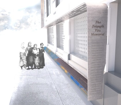  A rendering of the proposed Triangle Fire Memorial on the façade of the Brown Building, 23-29 Washington Place. The target date for completion of the monument is March 25, 2020, 109 years after the Triangle Shirtwaist Factory Fire claimed 146 victim