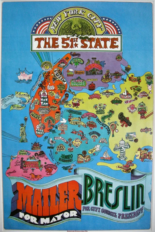The campaign employed colorful imagery to highlight the unique character of each New York City neighborhood. In the 51st State, those neighborhoods would become their own individual municipalities. Abe Gurvin, "New York City: The 51st State", 1969. Library of Congress.