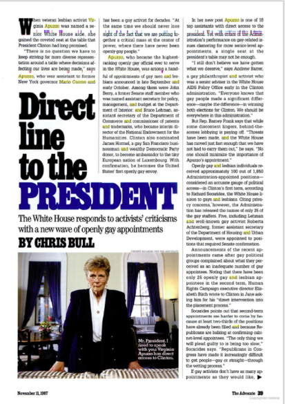 Virginia Apuzzo makes history in 1997 with her appointment to a high-level White House position by President Bill Clinton. Clipping from The Advocate.