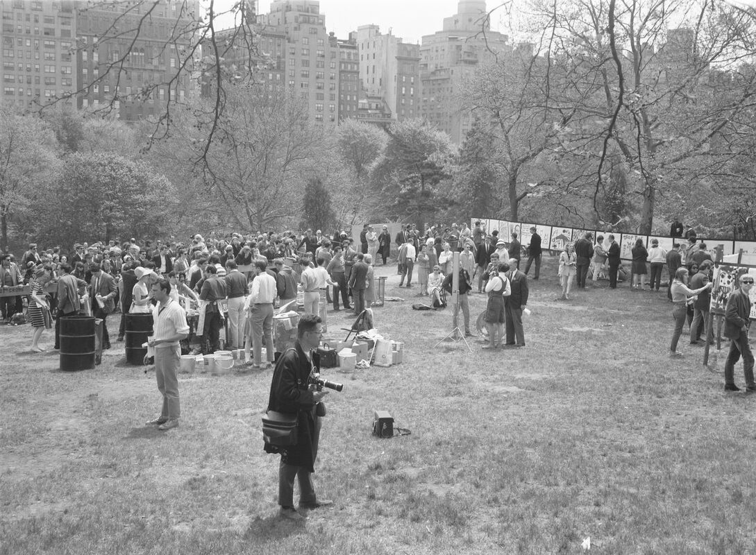 Cartoon Performance, May 15, 1966. The first happening in Central Park involved the installation of a 105-foot-long canvas across the lawn known as Cedar Hill for the public to paint on. Capturing the open-ended nature of the happening, the press release for the event stated that “The performance will end when the painting is finished, or when it rains, or when it grows too dark to continue.”