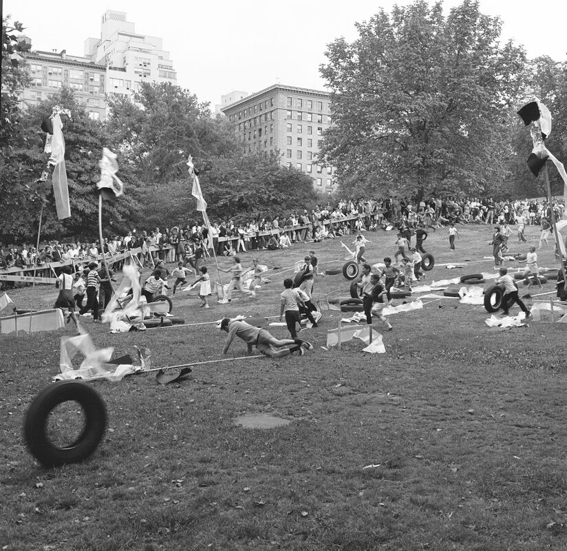  Allan Kaprow’s happening Towers, Fourth Avant Garde Festival, September 9, 1966. The artist instructed participants to roll tires down a hill and aim to knock over wooden posts draped with plastic, fabric, and tin foil. At the felling of each post, 