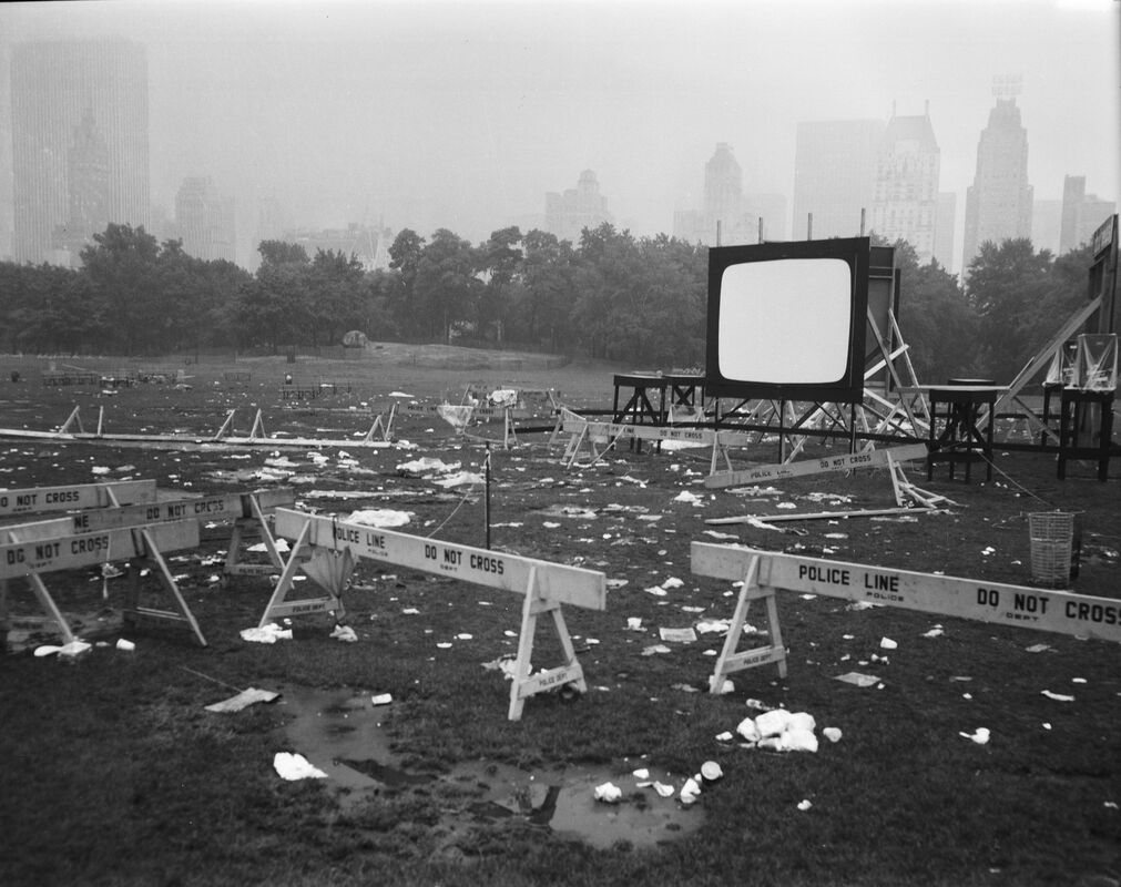 The Day After the Moon-In, July 21, 1969. The five-thousand spectators who gathered to watch footage of the moon landing and participate in other celebratory events were not deterred by heavy rains, but the event and the weather left the Sheep Meadow trashed and eroded.