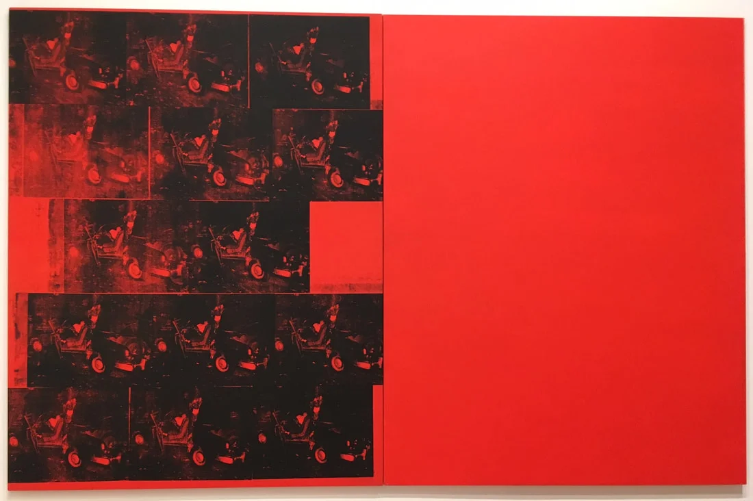 Orange Car Crash Fourteen Times, 1963. Silkscreen ink, acrylic, and graphite on linen, two panels. Photo by author.