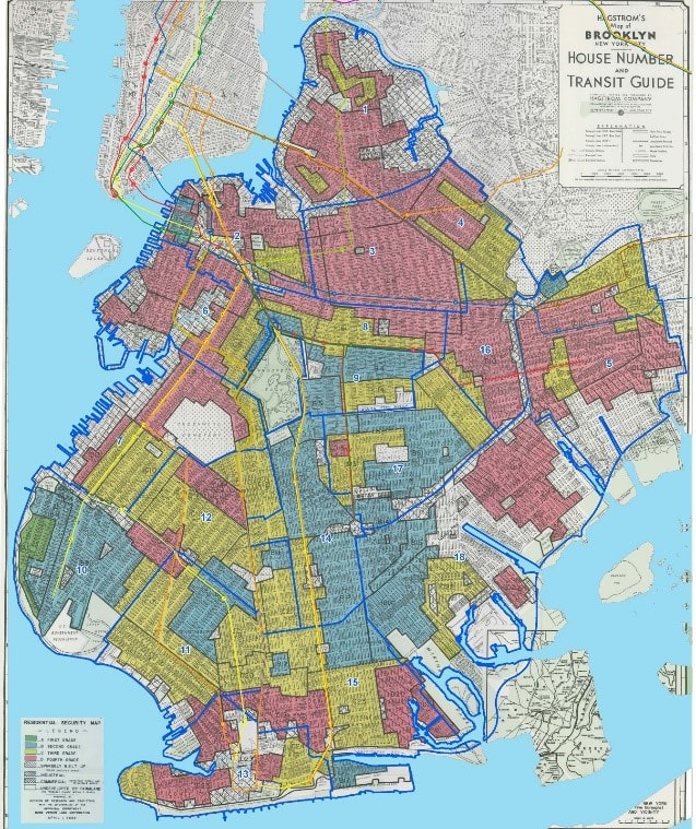 A Residential Security Map for Brooklyn (Above) and legend from this map (R), created by the Home Owner’s Loan Corporation (HOLC) in 1938.