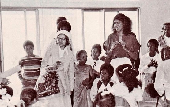 Rosa Parks, left, visits a classroom at the Oakland Community School. School director Ericka Huggins is at right. Collection of Ericka Huggins, via IPHP.
