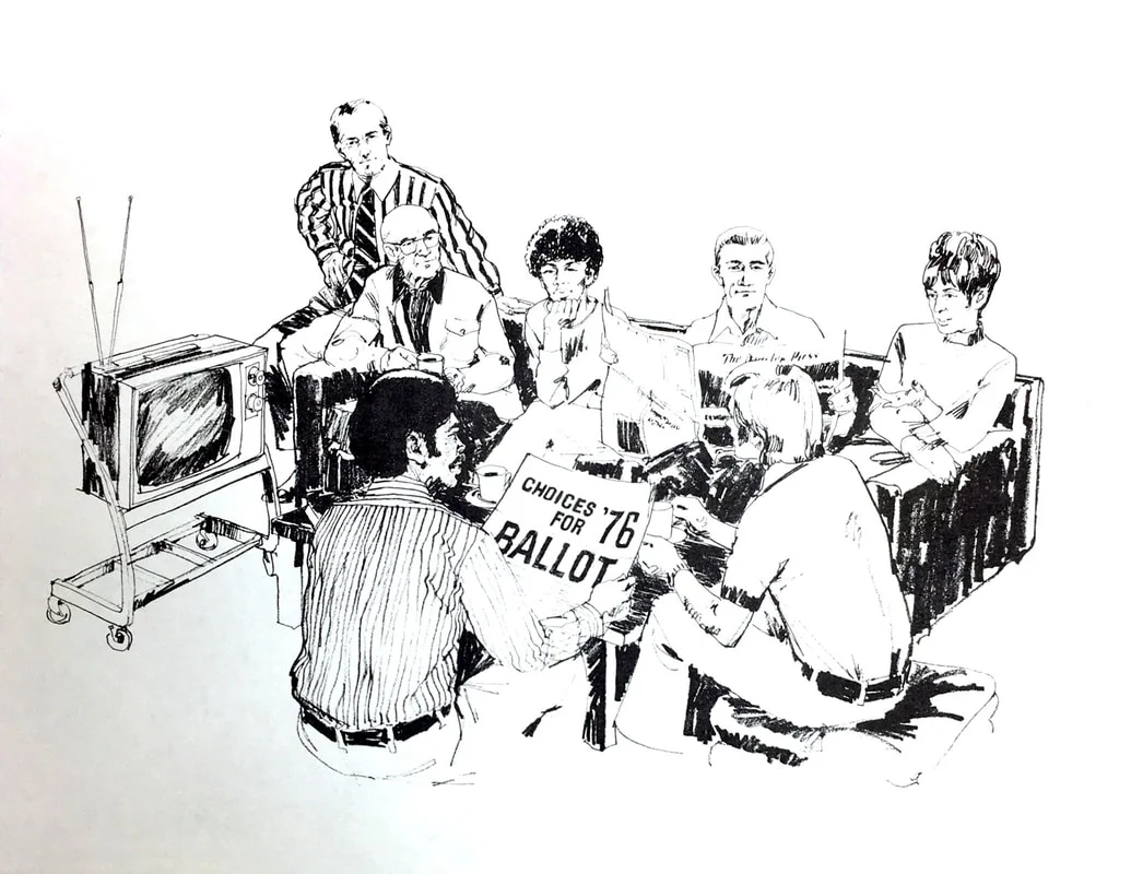 Publicity image featuring a diverse watching group and a CHOICES for ’76 ballot. Source: Box 152, Literature, Regional Plan Association records, #2688, CRMC.