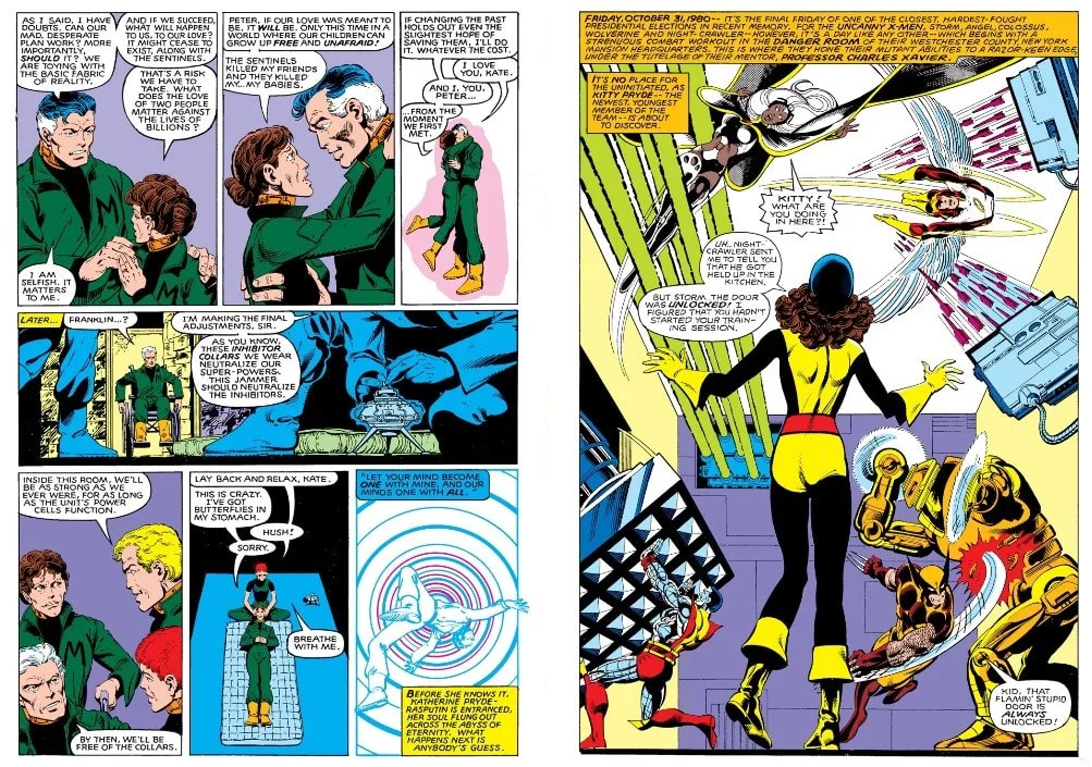 It is 2013 and Kate Pryde embraces her husband Rasputin (Colossus) in the South Bronx Mutant Interment Camp before traveling back to 1980 in the comic Days of Future Past (1981).