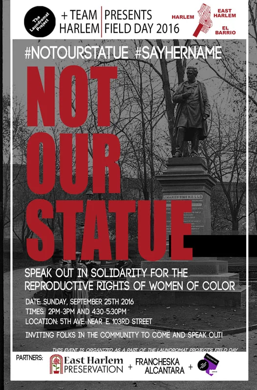 Poster promoting a protest event at the J. Marion Sims statue, 2016.