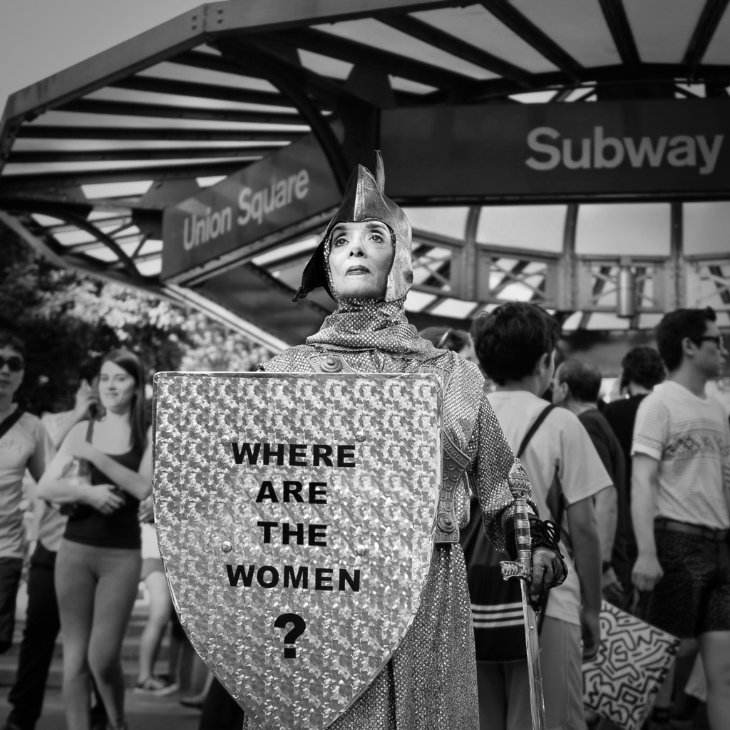 LuLu LoLo as Joan of Arc of 14th Street— Asks “Where are the Women?” A Call for Monuments of Women in New York City, 2015. Photo by Keka Marzagao.
