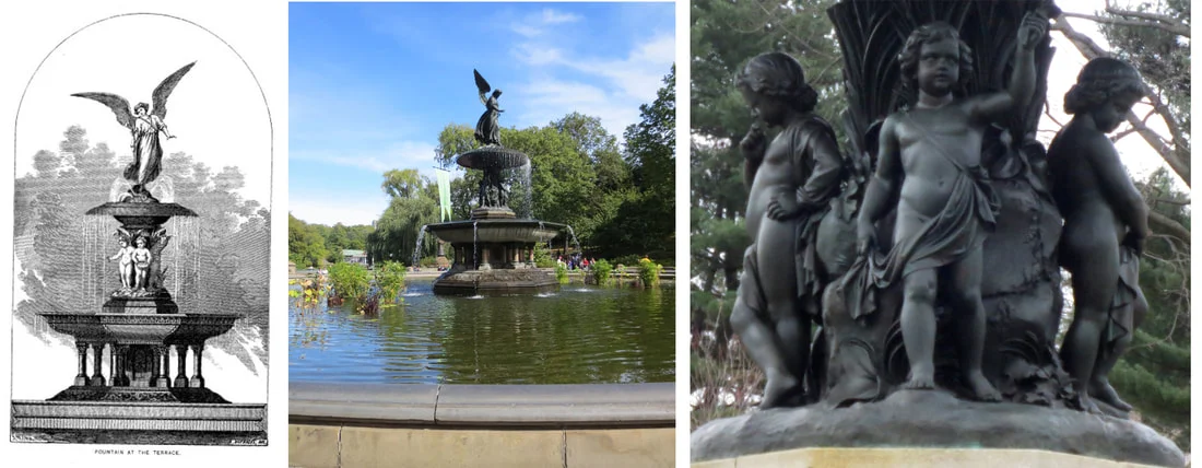 Left: Sketch for Bethesda Fountain in the Annual Report of the Board of Commissioners of Central Park for 1864. Center and right: Emma Stebbins, Bethesda Fountain, dedicated 1873. Photos copyright © 2017 Dianne L. Durante
