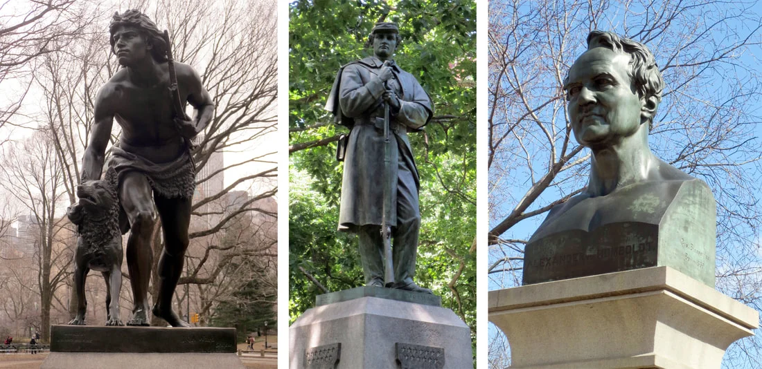 Left: John Quincy Adams Ward, Indian Hunter, dedicated 1869. Center: John Quincy Adams Ward, Seventh Regiment Memorial, dedicated 1869. Right: Gustaf Blaeser, Alexander von Humboldt, dedicated 1869. Photos copyright © 2017 Dianne L. Durante