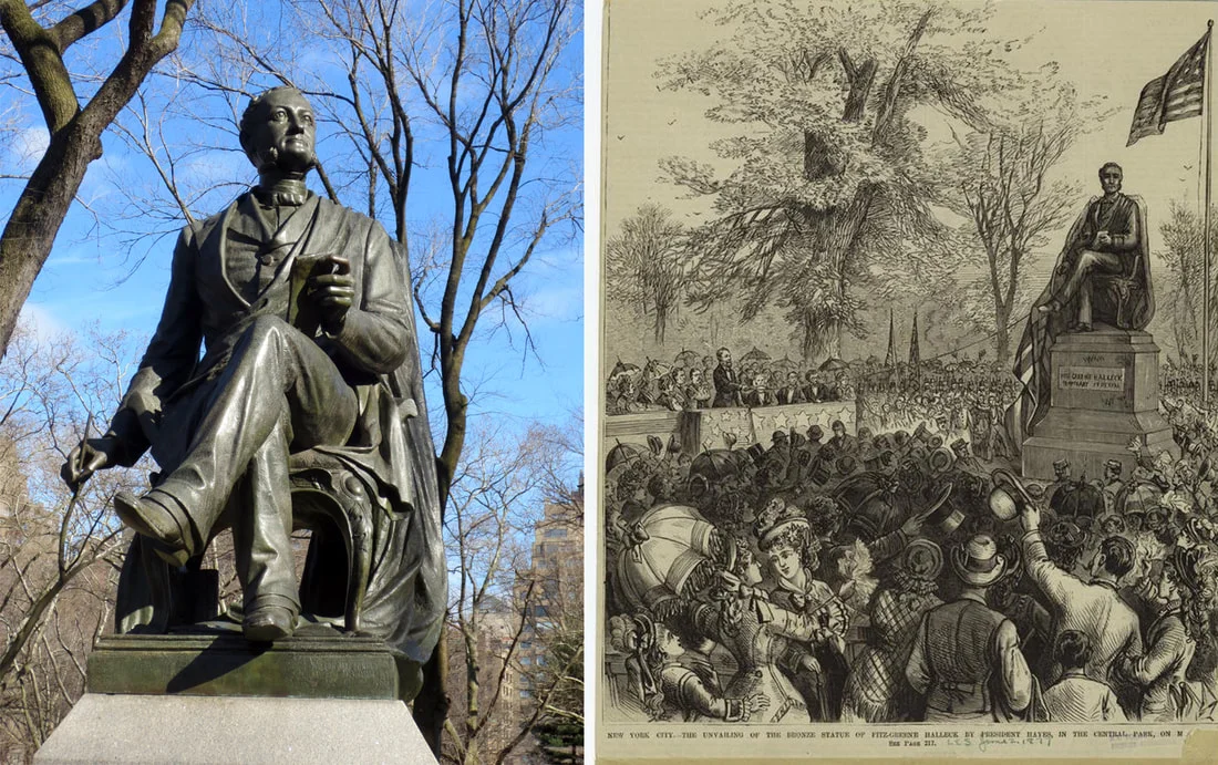 Left: James Wilson Alexander MacDonald, Fitz-Greene Halleck, 1877. Photo copyright © 2017 Dianne L. Durante. Right: Dedication of the Halleck sculpture, 1877. Image: New York Public Library Digital Collections