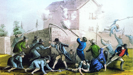 The attack on the Widow McCormack’s house on Boulagh Common, Ballingarry, County Tipperary. (Currier and Ives)