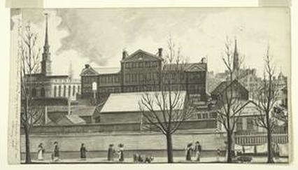 The Miriam and Ira D. Wallach Division of Art, Print Collection, The New York Public Library. "Bridewell, and Charity-School, Broadway, opposite Chamber Street - February 1808."