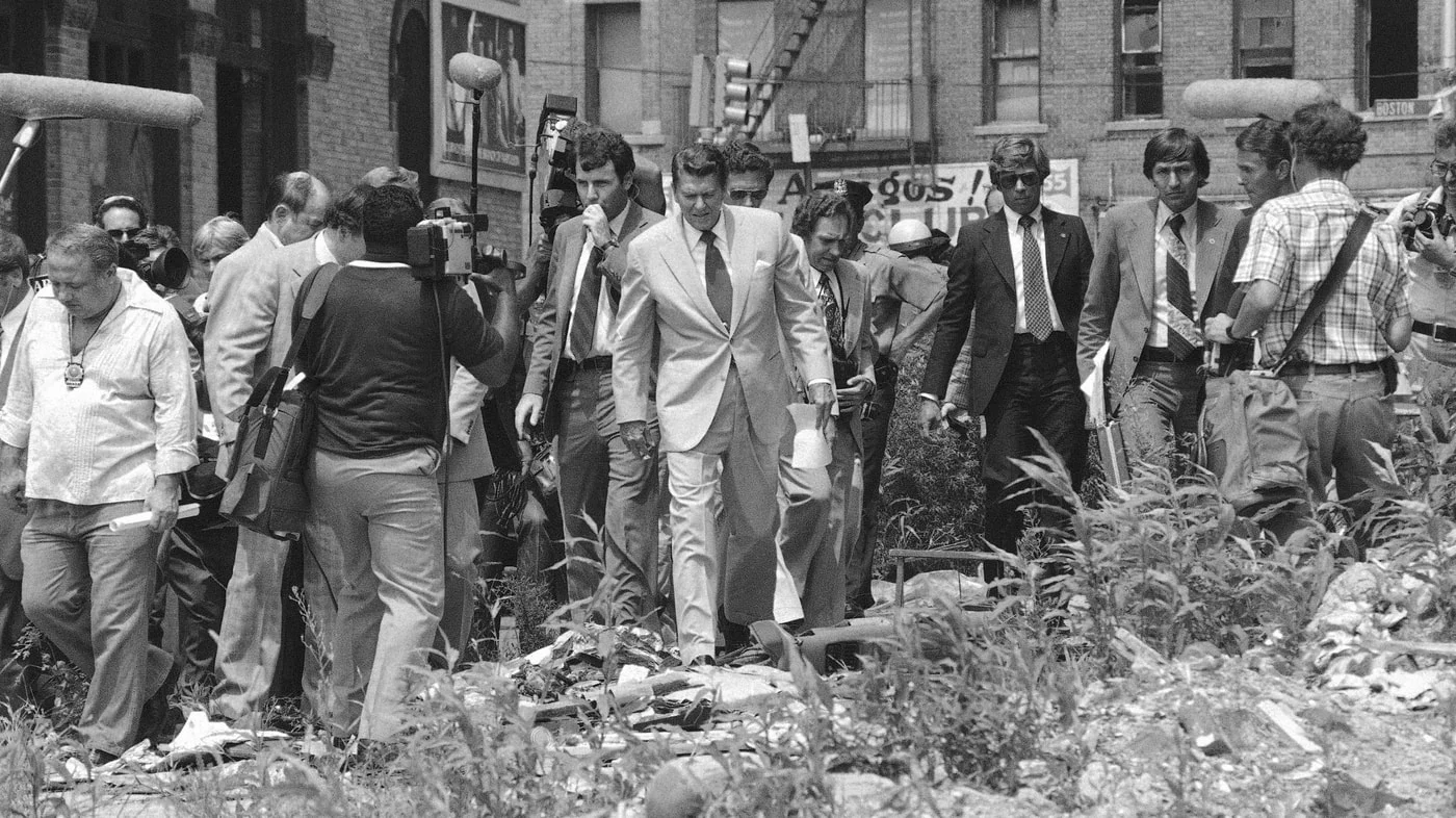 Ronald Reagan campaign-stops in August 1980. Presidential candidate Jesse Jackson would visit in 1984, and President Clinton in 1997.