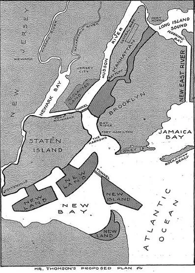 Figure 2: Kennard Thomson’s vision of an expanded Manhattan, in 1913. Source: New York Times, August 31, 1913, Magazine Section, page 1.