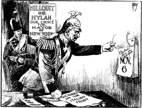 "The New Western Front", a Sunday New York Times cartoon of November 4th, 1917, implying that German enemy rulers favored Hillquit and Hylan. The caption reads, Crown Prince: "Any more victories, Papa?" - Kaiser (Wilhelm II): "I can't tell until Tuesday."