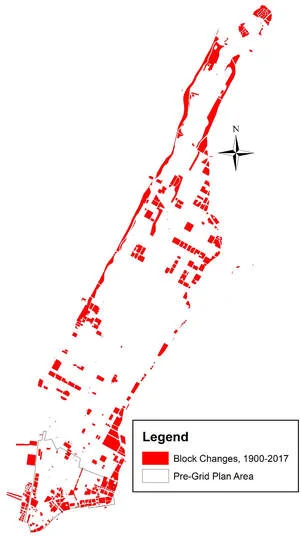 Changes in Manhattan from 1900 to 2017. The red polygons are blocks that have had their configurations changed in the interval, including landfill around the shorelines. The pre-grid plan area changes are also included. Source: Map by Eon Kim.