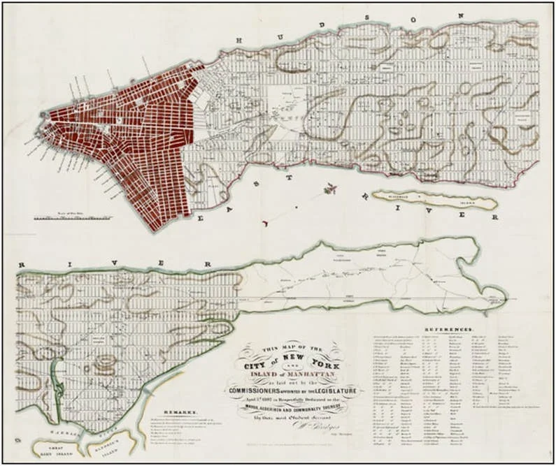 Grid plan of 1811. Red section is old city established before the grid plan. Samuel J. Willis and D. T. Valentine, Manual of the Corporation of City of New York for 1853 (1852).