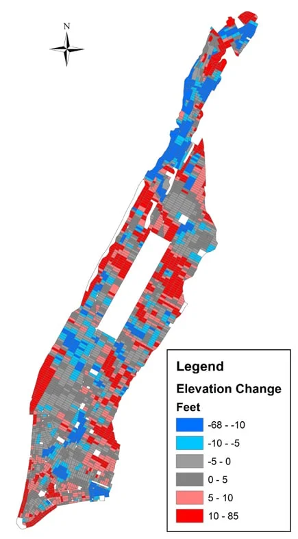 Average changes in elevation between 1609 and 2012 (excluding the current-day parks). Source: Map by Jason Barr; 1609 elevation data is courtesy of Eric Sanderson, the Mannahatta Project, Wildlife Conservation Society.
