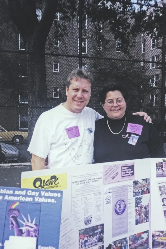 Queens Pride Parade co-founders Daniel Dromm and Maritza Martinez at Travers Park in Jackson Heights at "Coming Out against Violence Day," 1996. Courtesy Daniel Dromm Photograph Collection, LaGuardia and Wagner Archives, LAGCC, CUNY