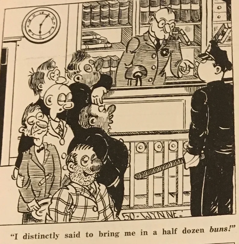 An illustration in the "Kop Komiks" section from the October 1942 issue of Spring 3100 includes a joke about an officer who confuses "buns" and "bums." The comic relies on a pun, but also makes an implicit statement about the ease with which officers could seize men off the streets of New York City. "Kop Komiks," Spring 3100, October 1942, 26.