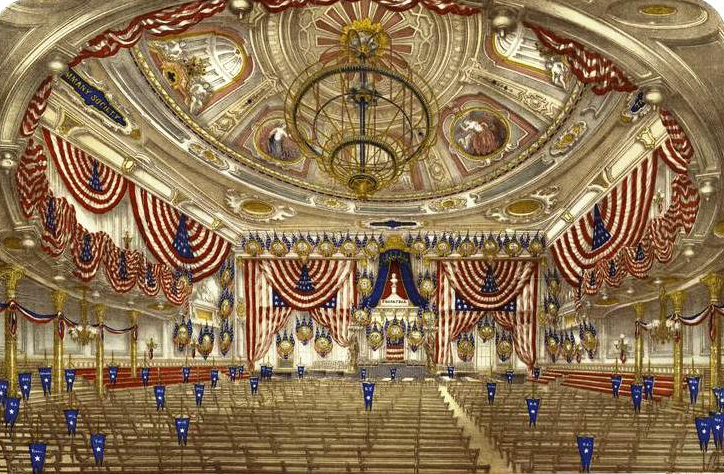 Tammany Hall Interior decorated for the 1868 Democratic National Convention. Source: New York Pubic Library via Wikimedia Commons.