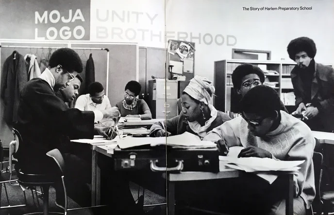 A picture of the Harlem Prep students, working behind the Harlem Prep “Moja Logo” slogan, in a promotional booklet from 1972, printed by Standard Oil of New Jersey. Rockefeller Archive Center