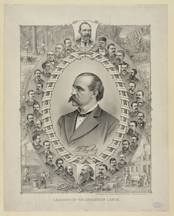 Terence V. Powderly, center, with leaders of the Knights of Labor. His predecessor, Uriah Stephens, is at the top, center, and P. J. McGuire is to Stephens’s left. Lithograph by Kurz and Allison, circa 1886. Library of Congress.