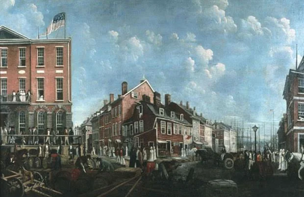 "Tontine Coffee House” (1797) by Francis Guy. Though this coffee house was a site of frequent political clashes between Federalists and Democratic-Republicans throughout the 1790s, it also provide a sense of NYC architecture and the city's lively streets at the time of Davis and the societies’ activities.